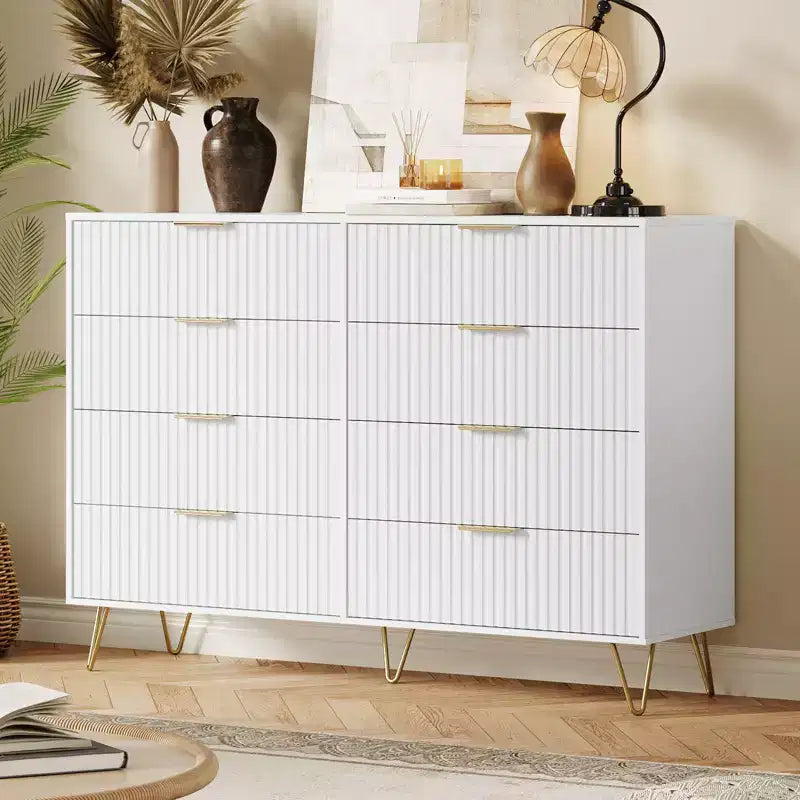 8 Drawer Dresser for Bedroom, 55W Wood Chest of Drawers with Metal Legs, Clothes Storage Organizer,Closet Dresser & TV Stand for Hallway