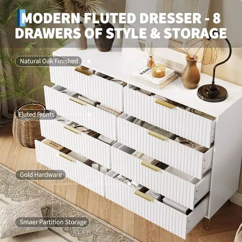 8 Drawer Dresser for Bedroom, 55W Wood Chest of Drawers with Metal Legs, Clothes Storage Organizer,Closet Dresser & TV Stand for Hallway