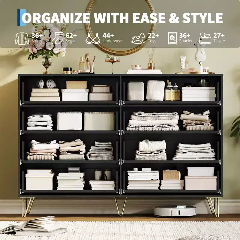8 Drawer Dresser for Bedroom, 55W Wood Chest of Drawers with Metal Legs, Clothes Storage Organizer,Closet Dresser & TV Stand for Hallway