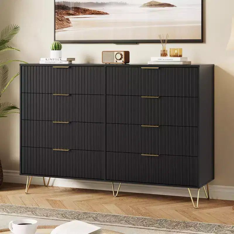 8 Drawer Dresser for Bedroom, 55W Wood Chest of Drawers with Metal Legs, Clothes Storage Organizer,Closet Dresser & TV Stand for Hallway