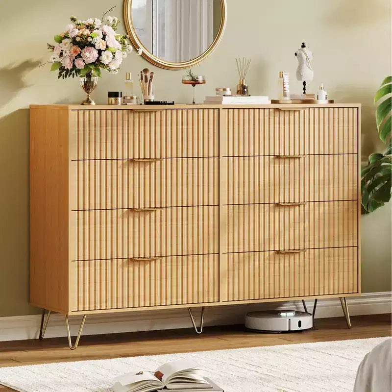 8 Drawer Dresser for Bedroom, 55W Wood Chest of Drawers with Metal Legs, Clothes Storage Organizer,Closet Dresser & TV Stand for Hallway