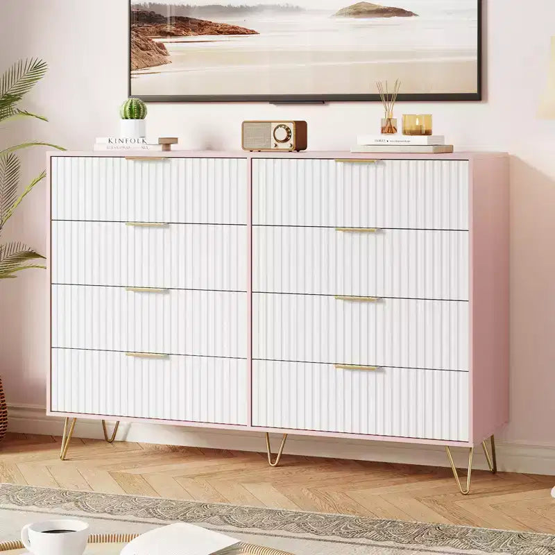 8 Drawer Dresser for Bedroom, 55W Wood Chest of Drawers with Metal Legs, Clothes Storage Organizer,Closet Dresser & TV Stand for Hallway