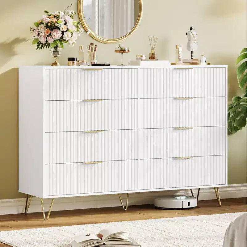 8 Drawer Dresser for Bedroom, 55W Wood Chest of Drawers with Metal Legs, Clothes Storage Organizer,Closet Dresser & TV Stand for Hallway