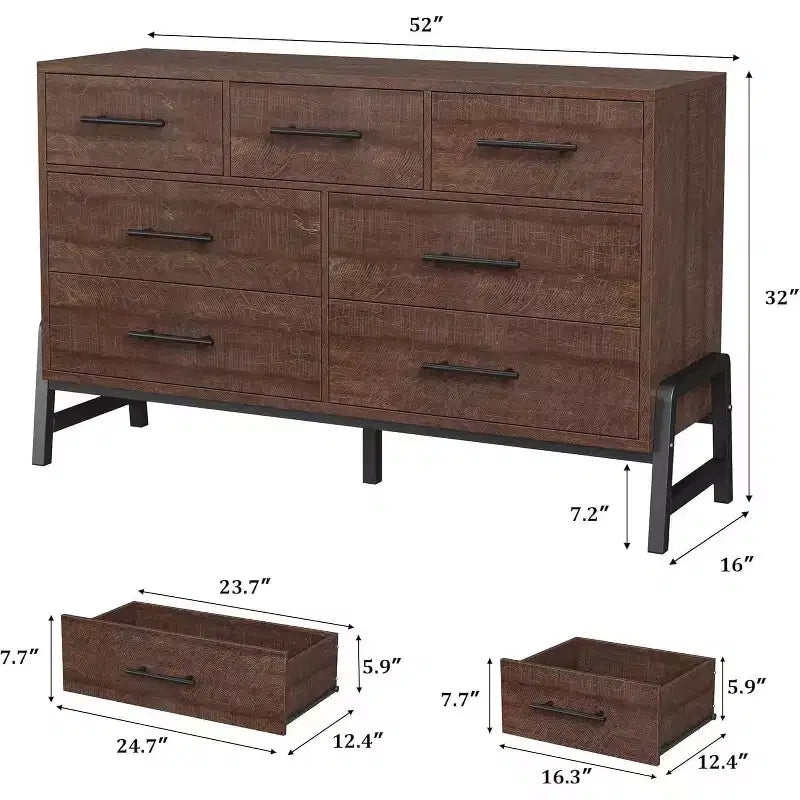 7-Drawer Dresser, 52 Wide Wood Storage Chest with Deep Drawers for Bedroom, Living Room or Entryway, Robot Vacuum Friendly