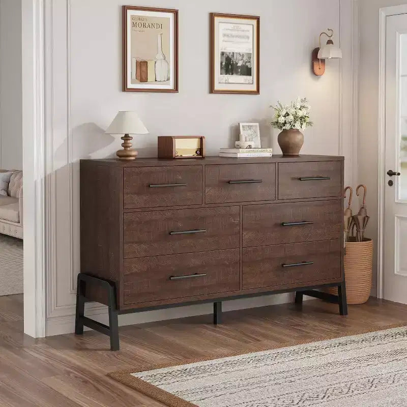 7-Drawer Dresser, 52 Wide Wood Storage Chest with Deep Drawers for Bedroom, Living Room or Entryway, Robot Vacuum Friendly