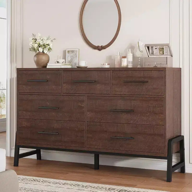 7-Drawer Dresser, 52 Wide Wood Storage Chest with Deep Drawers for Bedroom, Living Room or Entryway, Robot Vacuum Friendly