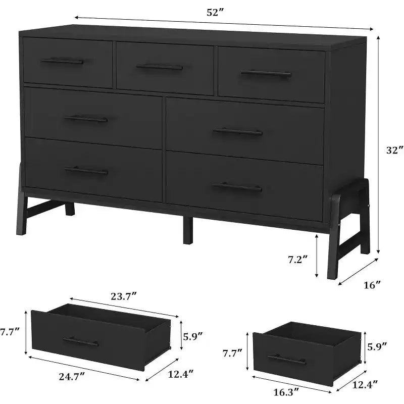 7-Drawer Dresser, 52 Wide Wood Storage Chest with Deep Drawers for Bedroom, Living Room or Entryway, Robot Vacuum Friendly