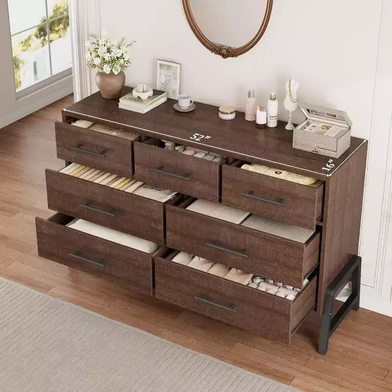 7-Drawer Dresser, 52 Wide Wood Storage Chest with Deep Drawers for Bedroom, Living Room or Entryway, Robot Vacuum Friendly