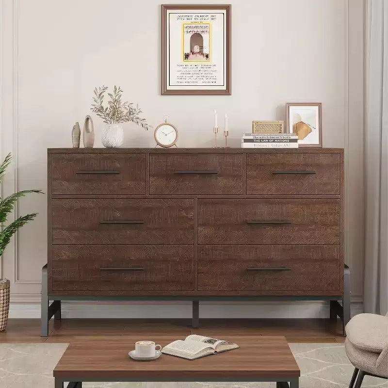 7-Drawer Dresser, 52 Wide Wood Storage Chest with Deep Drawers for Bedroom, Living Room or Entryway, Robot Vacuum Friendly