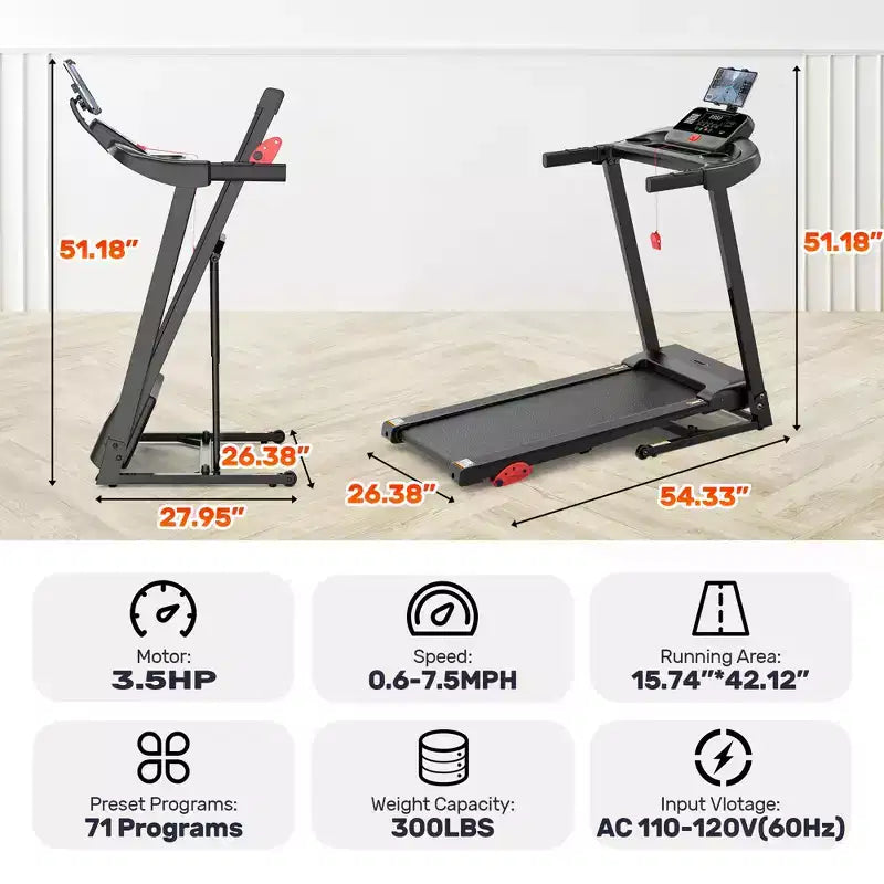 3.5HP Treadmill for Home, 300 lbs Capacity Foldable Treadmill w/ 64+7 Workouts, APP w/ Free Courses,Dual HiFi Speakers,Treadmill for Walking Running