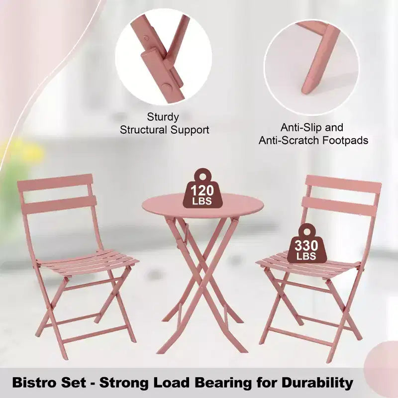 COZONY 3-Piece Folding Patio Bistro Set, Space-Saving Outdoor Table & Chairs with Sturdy Metal Frame, Weather-Resistant Furniture for Garden & Yard
