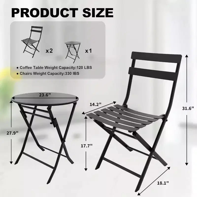 COZONY 3-Piece Folding Patio Bistro Set, Space-Saving Outdoor Table & Chairs with Sturdy Metal Frame, Weather-Resistant Furniture for Garden & Yard