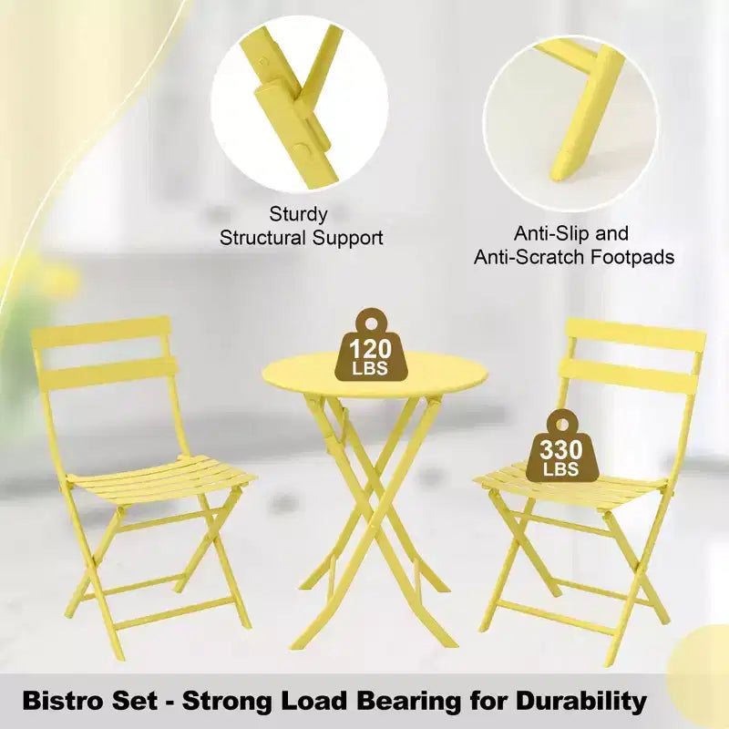 COZONY 3-Piece Folding Patio Bistro Set, Space-Saving Outdoor Table & Chairs with Sturdy Metal Frame, Weather-Resistant Furniture for Garden & Yard
