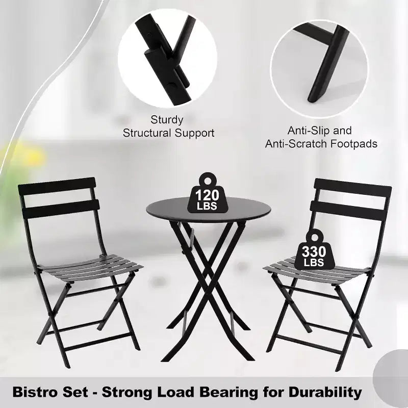 COZONY 3-Piece Folding Patio Bistro Set, Space-Saving Outdoor Table & Chairs with Sturdy Metal Frame, Weather-Resistant Furniture for Garden & Yard