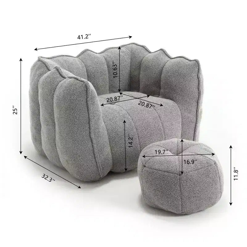 Okak Chenille Bean Bag Chair with Ottoman,Square Armrest Lounger Beanbag Chair & Footstool Set,High-Resilience Foam Couch for Living Room