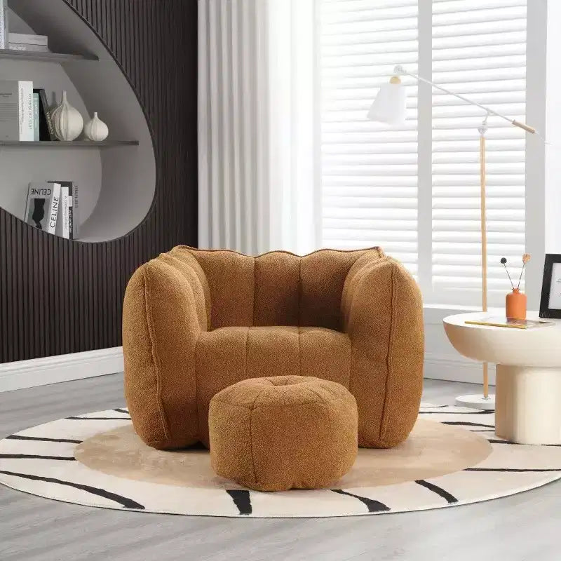Okak Chenille Bean Bag Chair with Ottoman,Square Armrest Lounger Beanbag Chair & Footstool Set,High-Resilience Foam Couch for Living Room