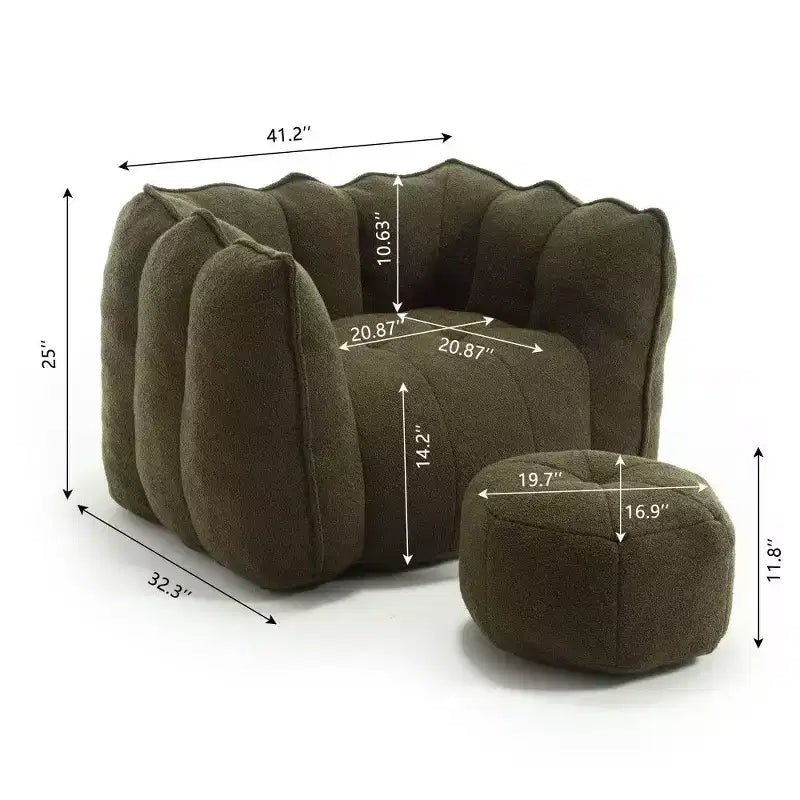 Okak Chenille Bean Bag Chair with Ottoman,Square Armrest Lounger Beanbag Chair & Footstool Set,High-Resilience Foam Couch for Living Room