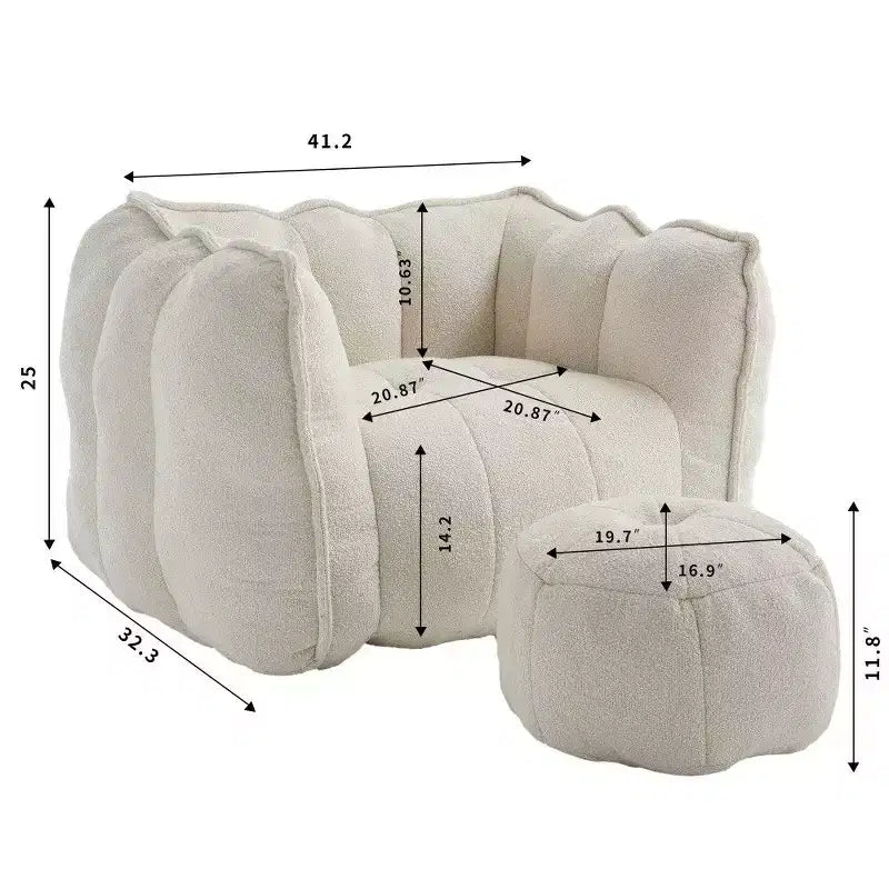 Okak Chenille Bean Bag Chair with Ottoman,Square Armrest Lounger Beanbag Chair & Footstool Set,High-Resilience Foam Couch for Living Room