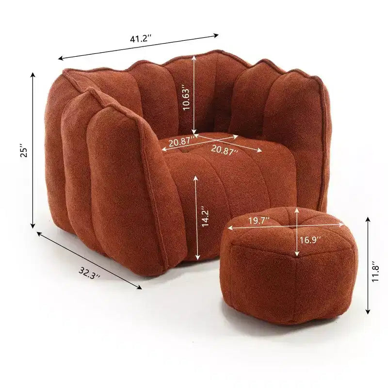 Okak Chenille Bean Bag Chair with Ottoman,Square Armrest Lounger Beanbag Chair & Footstool Set,High-Resilience Foam Couch for Living Room