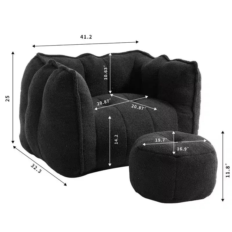 Okak Chenille Bean Bag Chair with Ottoman,Square Armrest Lounger Beanbag Chair & Footstool Set,High-Resilience Foam Couch for Living Room