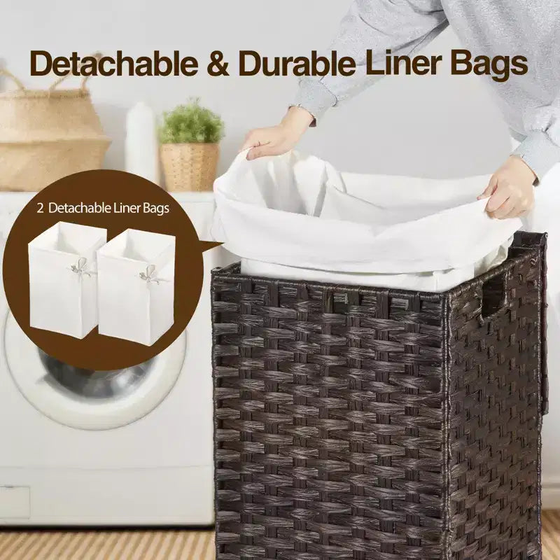 Greenstell Laundry Basket with Lid, Two Removable Inner Lining Bags, Two-compartment Garment Storage Basket