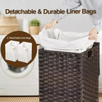Greenstell Laundry Basket with Lid, Two Removable Inner Lining Bags, Two-compartment Garment Storage Basket