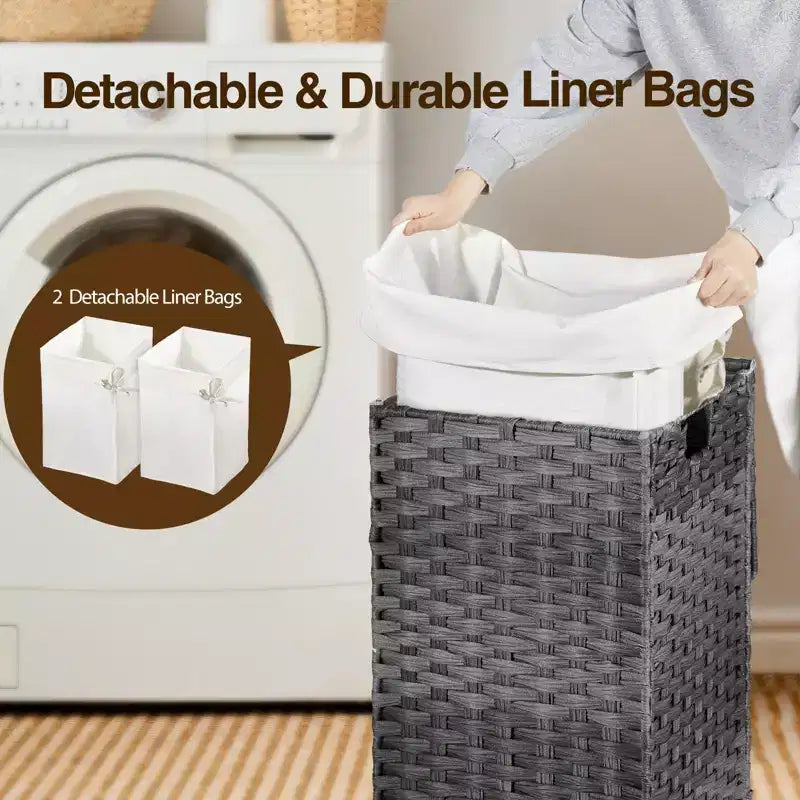 Greenstell Laundry Basket with Lid, Two Removable Inner Lining Bags, Two-compartment Garment Storage Basket