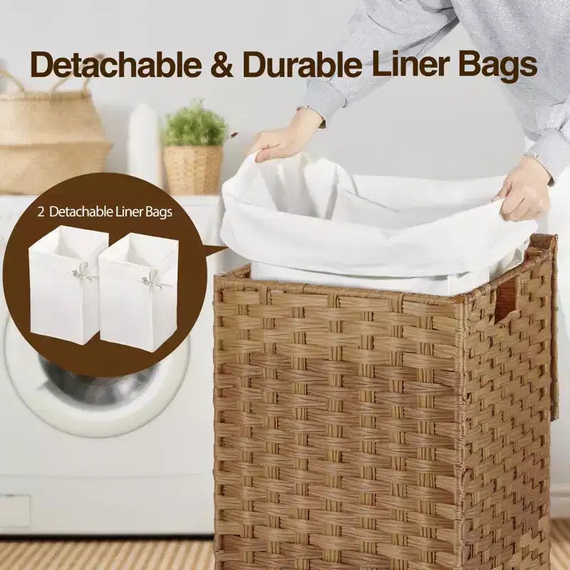 Greenstell Laundry Basket with Lid, Two Removable Inner Lining Bags, Two-compartment Garment Storage Basket