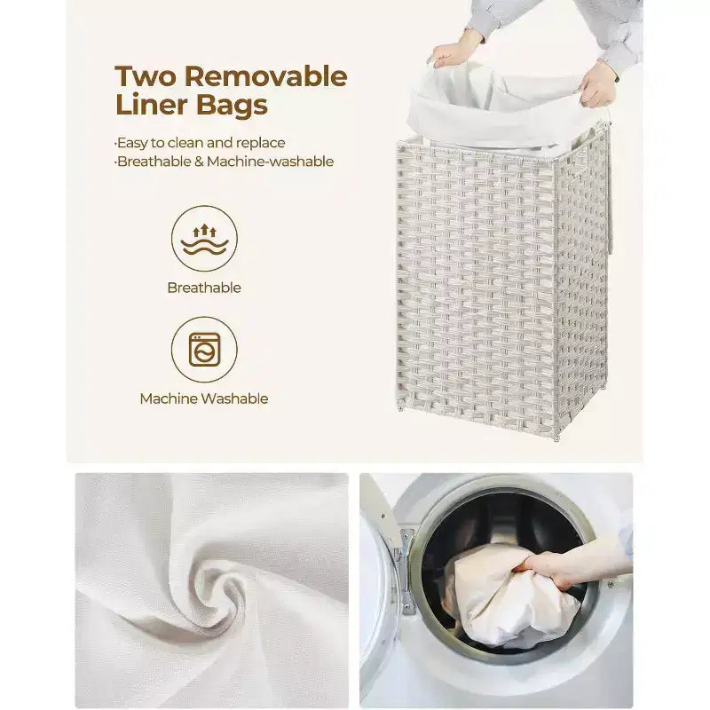 Greenstell Laundry Basket with Lid, Two Removable Inner Lining Bags, Two-compartment Garment Storage Basket