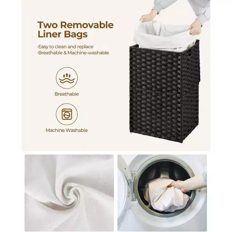 Greenstell Laundry Basket with Lid, Two Removable Inner Lining Bags, Two-compartment Garment Storage Basket