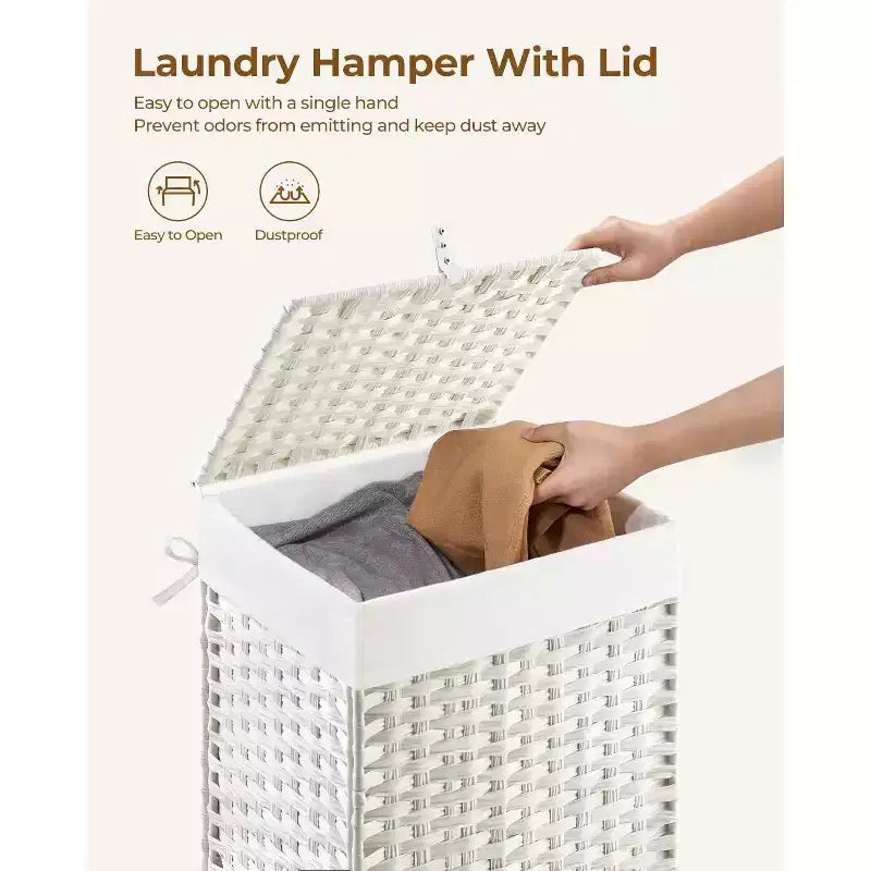Greenstell Laundry Basket with Lid, Two Removable Inner Lining Bags, Two-compartment Garment Storage Basket