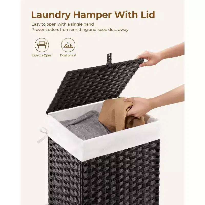 Greenstell Laundry Basket with Lid, Two Removable Inner Lining Bags, Two-compartment Garment Storage Basket