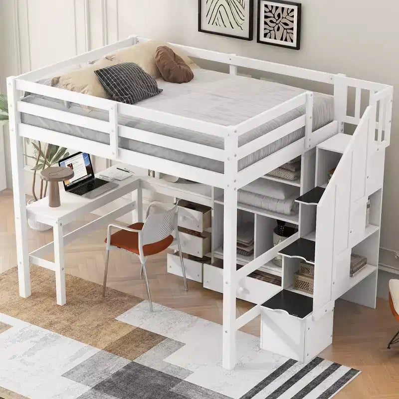 Clihome Full Size Loft Bed with L-Shaped Desk and Drawers, Cabinet and Storage Staircase
