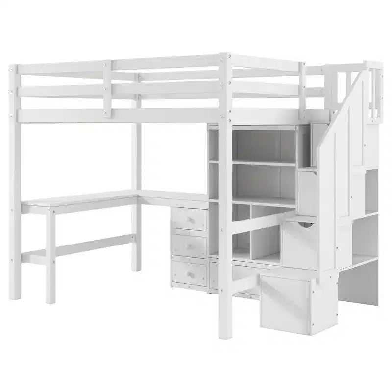 Clihome Full Size Loft Bed with L-Shaped Desk and Drawers, Cabinet and Storage Staircase