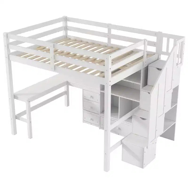 Clihome Full Size Loft Bed with L-Shaped Desk and Drawers, Cabinet and Storage Staircase