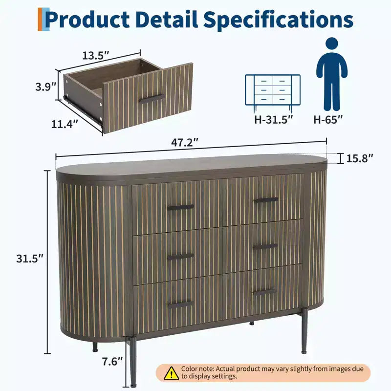 Fluted 6 Drawer Dresser, 47.2in Wide Mid Century Modern Wooden Chest of Drawers with Curved Profile Design and Gold Handles for Bedroom Closet