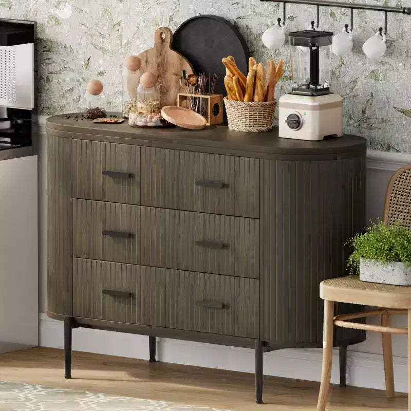 Fluted 6 Drawer Dresser, 47.2in Wide Mid Century Modern Wooden Chest of Drawers with Curved Profile Design and Gold Handles for Bedroom Closet