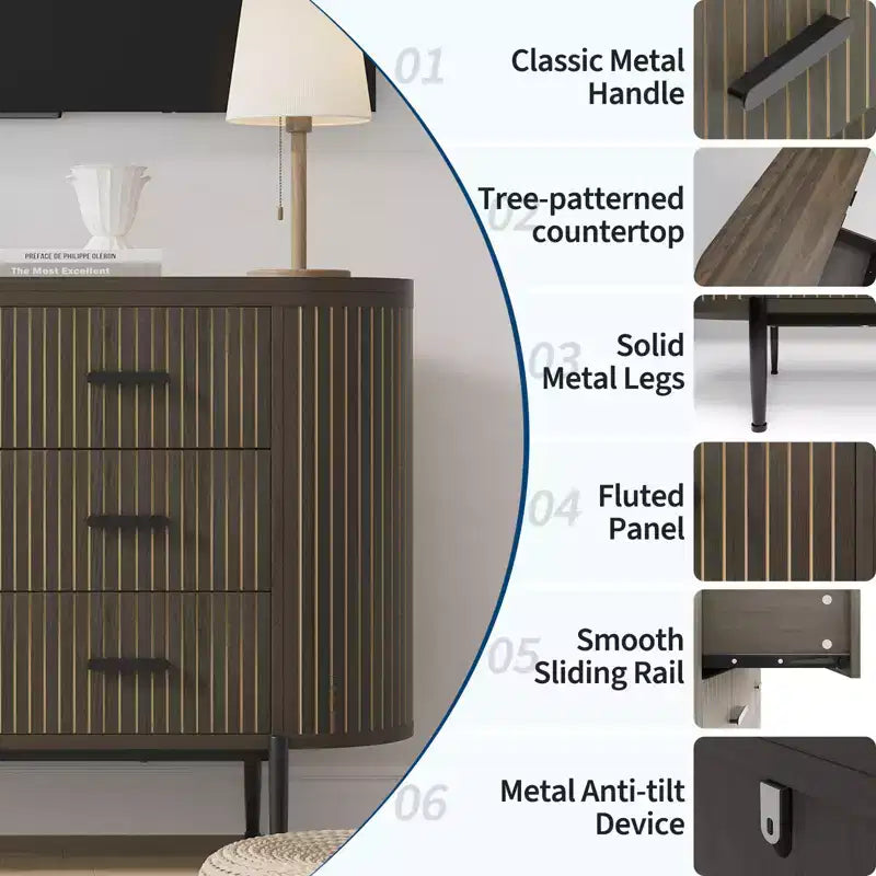 Fluted 6 Drawer Dresser, 47.2in Wide Mid Century Modern Wooden Chest of Drawers with Curved Profile Design and Gold Handles for Bedroom Closet