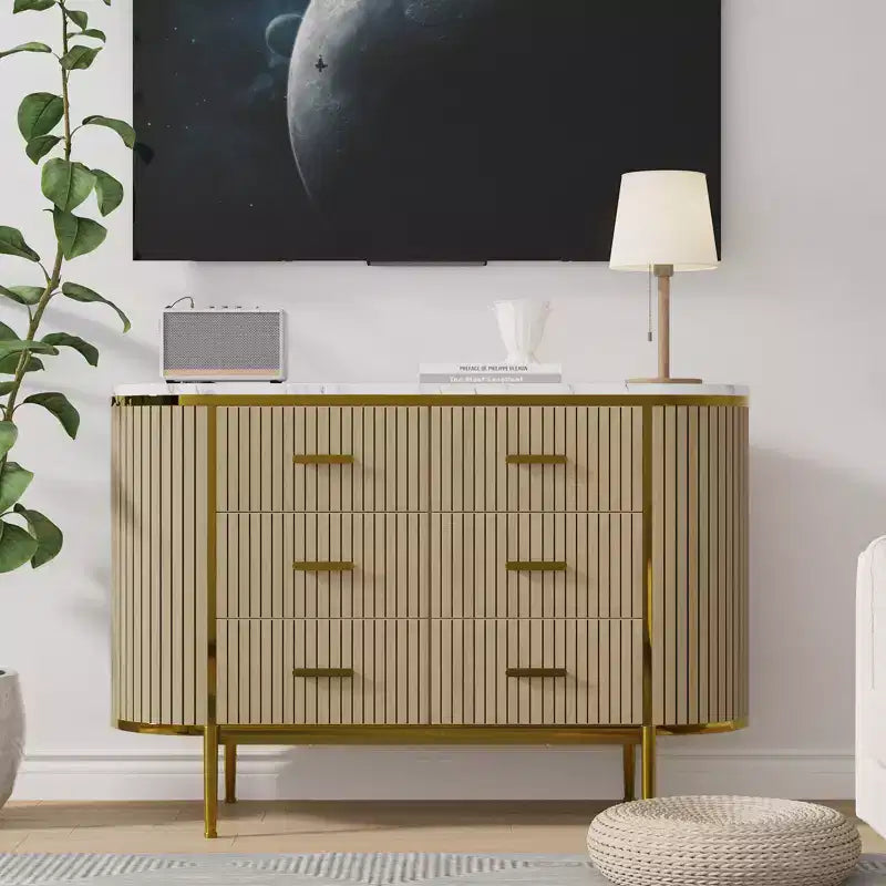 Fluted 6 Drawer Dresser, 47.2in Wide Mid Century Modern Wooden Chest of Drawers with Curved Profile Design and Gold Handles for Bedroom Closet