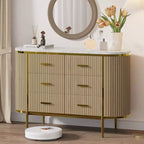 Fluted 6 Drawer Dresser, 47.2in Wide Mid Century Modern Wooden Chest of Drawers with Curved Profile Design and Gold Handles for Bedroom Closet