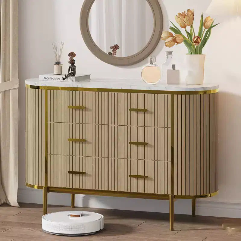 Fluted 6 Drawer Dresser, 47.2in Wide Mid Century Modern Wooden Chest of Drawers with Curved Profile Design and Gold Handles for Bedroom Closet