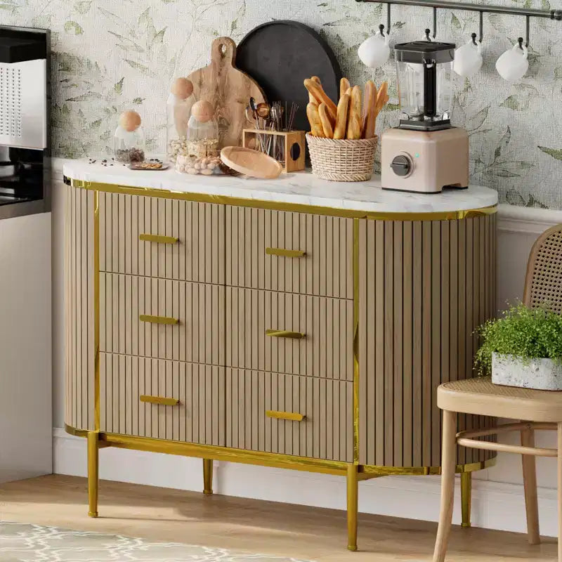 Fluted 6 Drawer Dresser, 47.2in Wide Mid Century Modern Wooden Chest of Drawers with Curved Profile Design and Gold Handles for Bedroom Closet