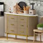 Fluted 6 Drawer Dresser, 47.2in Wide Mid Century Modern Wooden Chest of Drawers with Curved Profile Design and Gold Handles for Bedroom Closet