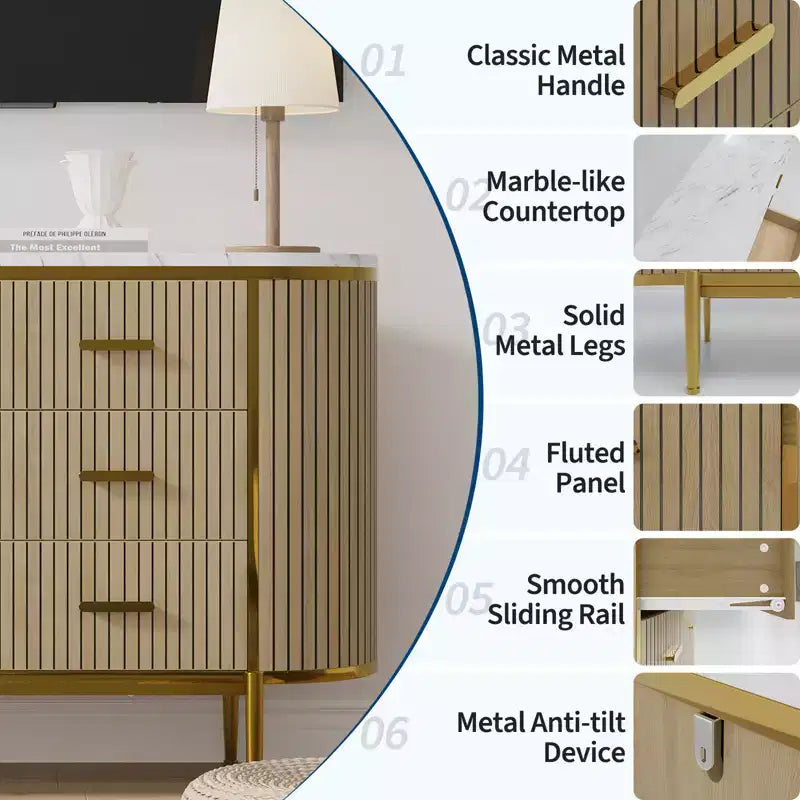 Fluted 6 Drawer Dresser, 47.2in Wide Mid Century Modern Wooden Chest of Drawers with Curved Profile Design and Gold Handles for Bedroom Closet