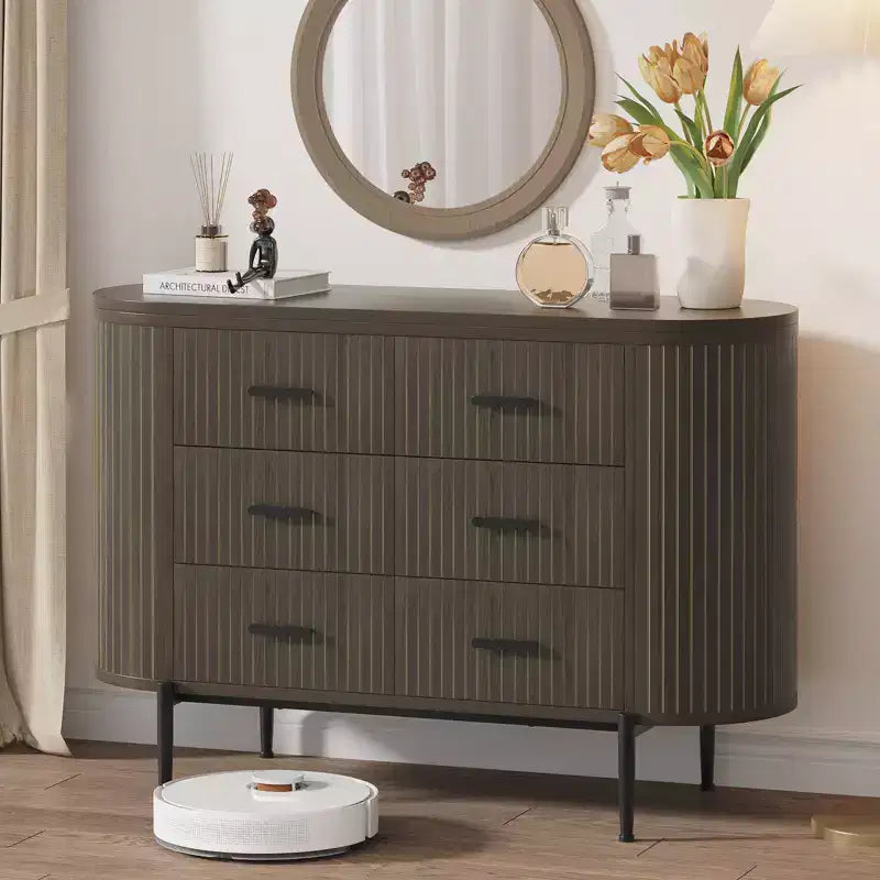 Fluted 6 Drawer Dresser, 47.2in Wide Mid Century Modern Wooden Chest of Drawers with Curved Profile Design and Gold Handles for Bedroom Closet