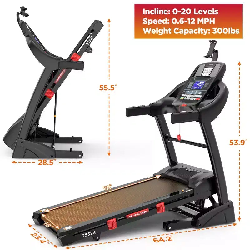 Folding Treadmill for Home Use with 4.75HP Motor, 300LB Capacity, 20-Level Incline, 71 Workout Programs, Bluetooth & APP Support