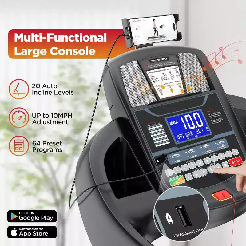 Folding Treadmill for Home Use with 4.75HP Motor, 300LB Capacity, 20-Level Incline, 71 Workout Programs, Bluetooth & APP Support