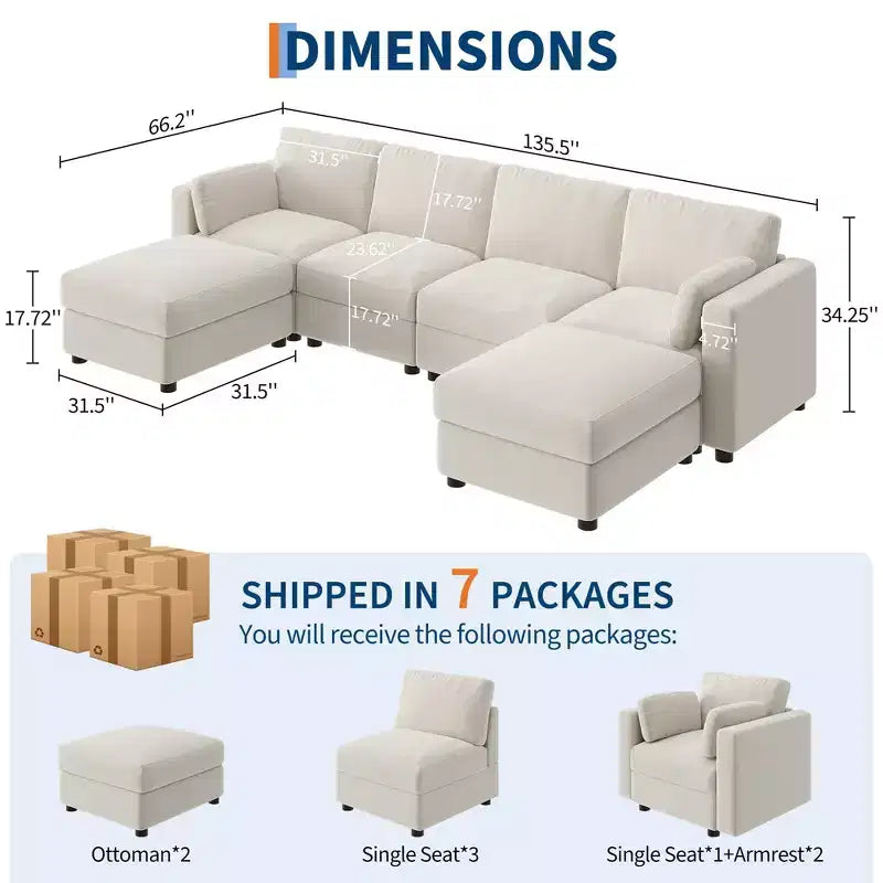 Oversized Modular Sectional Sofa,4/6 Seater Sectional Couch,104 L/136 U Shaped Sofa with Movable Ottoman,Convertible Modular Couch for Living Room