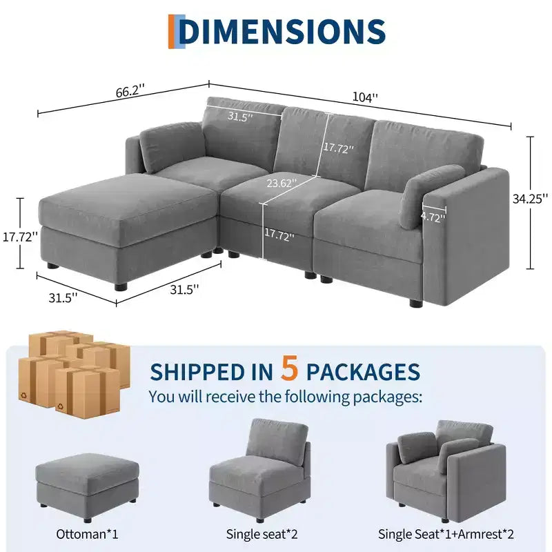 Oversized Modular Sectional Sofa,4/6 Seater Sectional Couch,104 L/136 U Shaped Sofa with Movable Ottoman,Convertible Modular Couch for Living Room