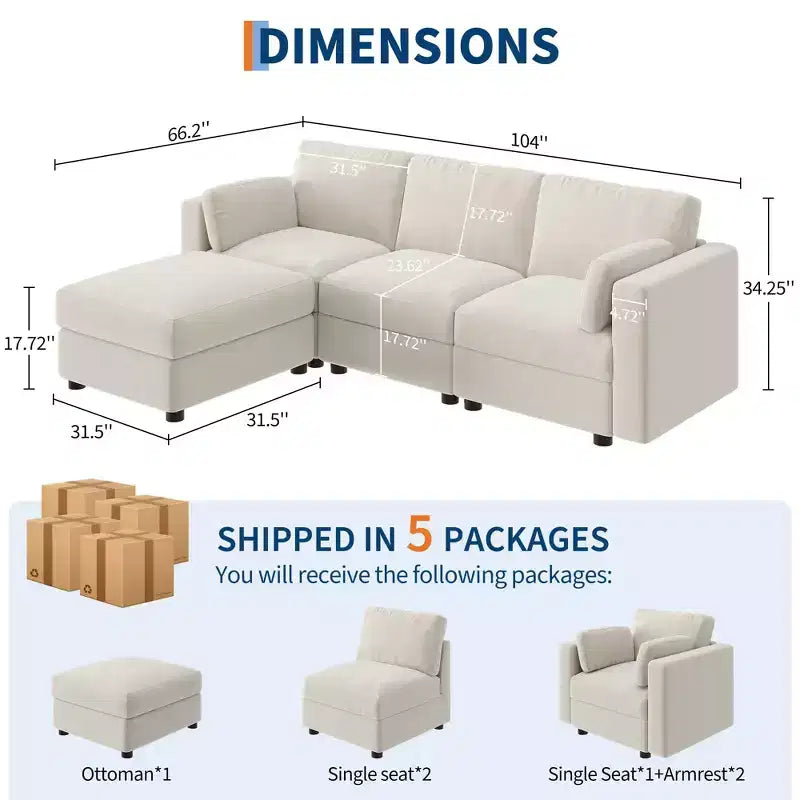 Oversized Modular Sectional Sofa,4/6 Seater Sectional Couch,104 L/136 U Shaped Sofa with Movable Ottoman,Convertible Modular Couch for Living Room